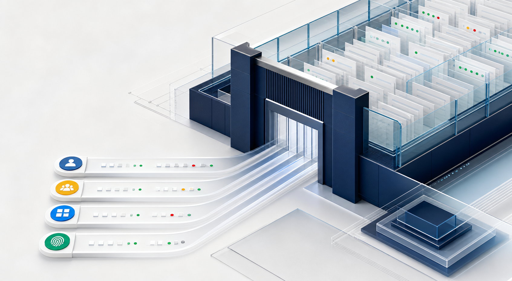 Four security assessment lanes entering a controlled evidence boundary